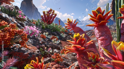 A stunning array of colorful, exotic flowers bloom on a rocky mountain landscape under a clear blue sky.