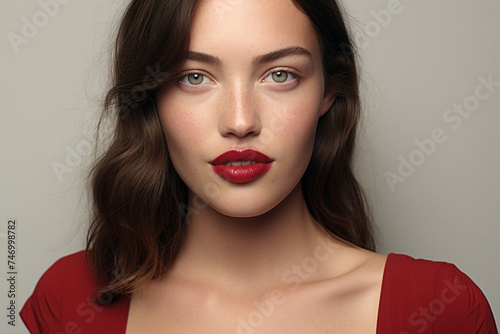 beautiful brunette with red lips an freckles