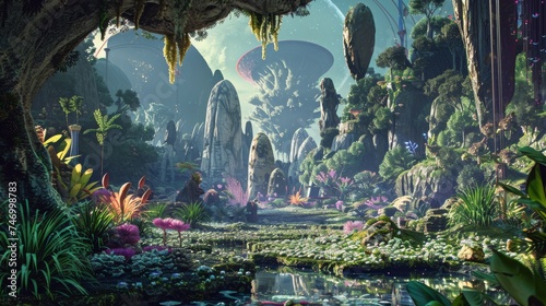 A magical forest scene with lush flora and mystical floating islands under a celestial sky, evoking wonder and fantasy.
