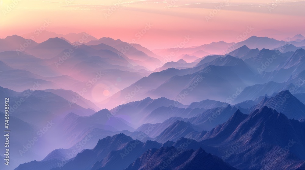 A serene sunrise spreads warm hues over misty mountain ranges, with the early light casting a soft glow on the undulating landscape.