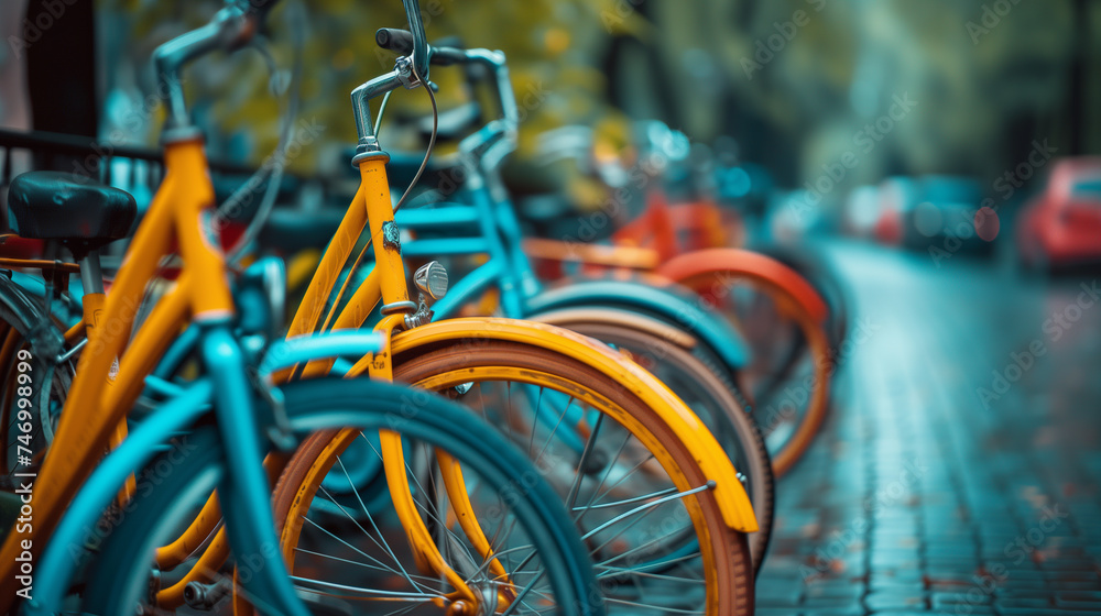 Obraz premium Colorful cruiser bicycles parked in designed bike parking spots in a European city.