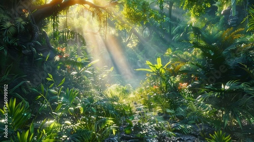 Mystical rays of sunlight break through the dense canopy of a lush rainforest  highlighting the moisture-laden air and rich green vegetation.