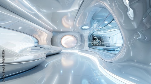A sleek and modern interior of a spacecraft, featuring smooth lines, reflective surfaces, and advanced control panels, embodying cutting-edge technology. © doraclub