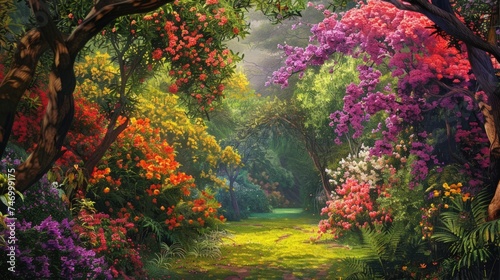 views of colorful flowers and green trees growing abundantly