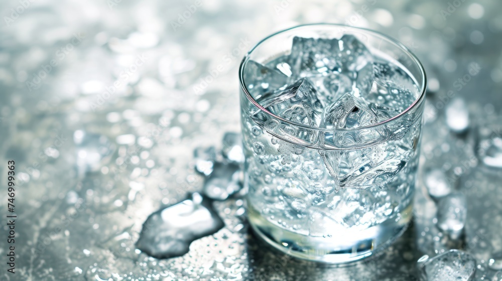 a glass filled with ice sitting on top of a metal table next to ice cubes on top of a table.