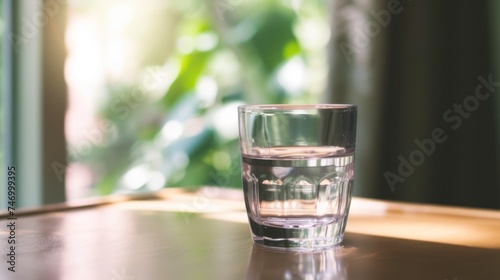 a glass of water on a table in front of a window with a view of the outside of the house. photo