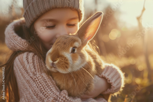 Joyful Child Holding Rabbit in Sunlit Field © Thitiporn