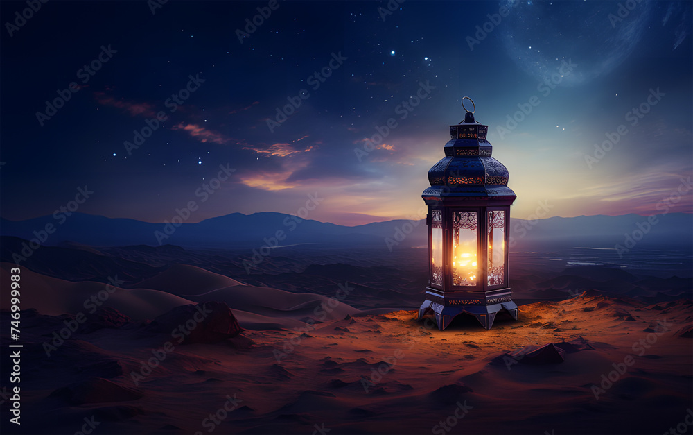 an arabian lantern with burning flame in the desert at night ai generative