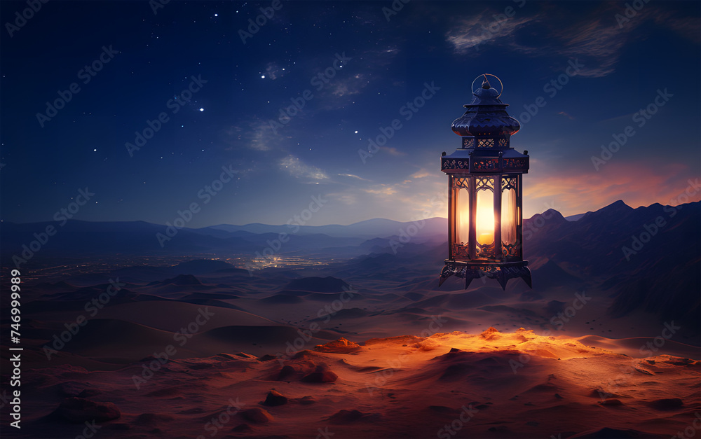 an arabian lantern with burning flame in the desert at night ai generative - obrazy, fototapety, plakaty 