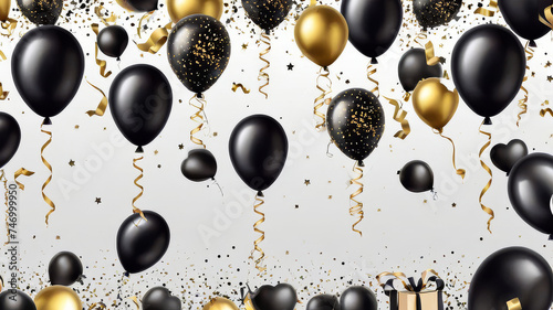 Holiday celebration background with Black Gold balloons  gifts and confetti. Happy holiday greeting card  party invite  banner  invitation or certificates with copy space