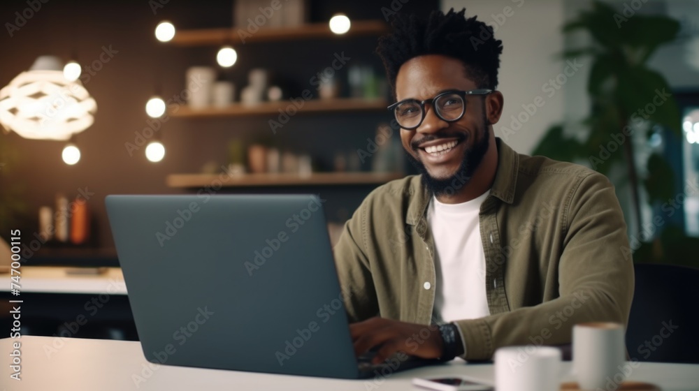 A Man in Glasses is Working on His Laptop and Smiling, Fictional Character Created By Generated AI. A Man in Glasses is Working on His Laptop and Smiling, Fictional Character Created By Generated AI.