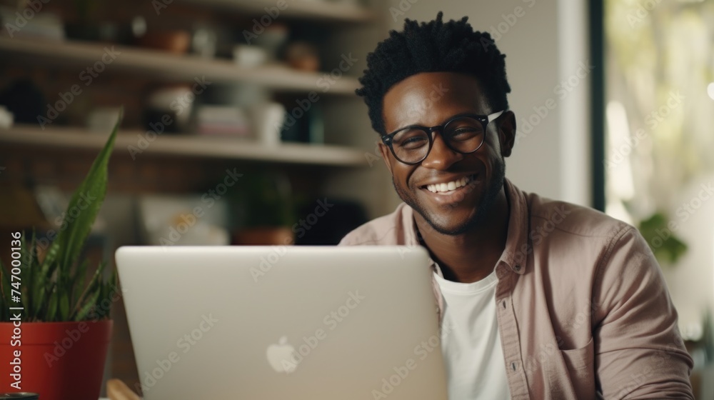 Obraz premium A Man is Smiling While Working on His Apple Laptop, Fictional Character Created By Generated AI.