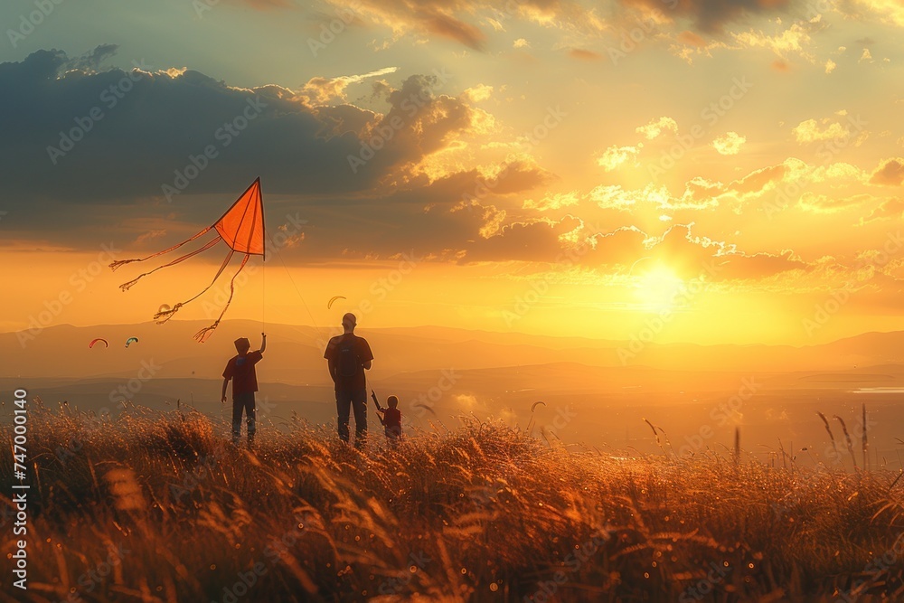 A child and an adult fly a kite on a hill at sunset, with other kites soaring in the golden sky.
