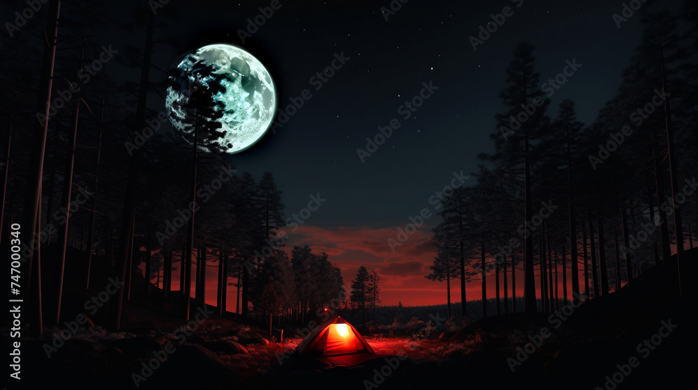 Tent Under Full Moon in Forest at Night