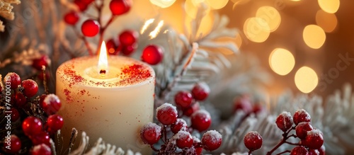 A lit candle is nestled among red berries  pine cones  and twigs  creating a festive Christmas ornament. The scene evokes a cozy and natural ambiance.