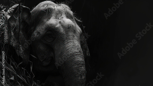 Fototapeta a black and white photo of an elephant with grass in it's trunk and it's trunk in the air.