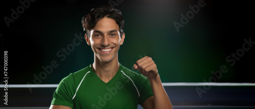 Smiling Young Man in Green Jersey with Celebratory Gesture © Polypicsell