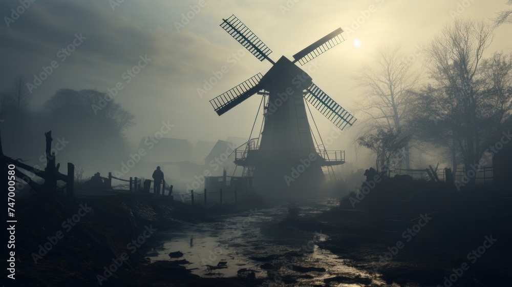 Old Windmill in Misty Countryside Morning