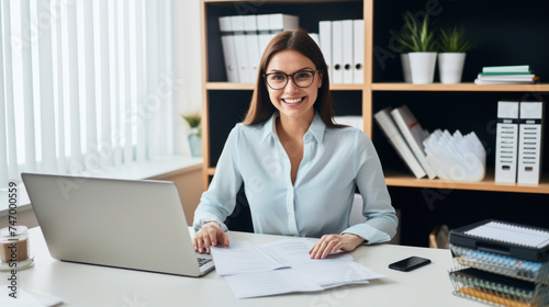 Professional Woman with Documents at Office Desk
