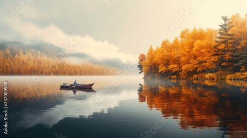Person Rowing Boat in Misty Autumn Lake