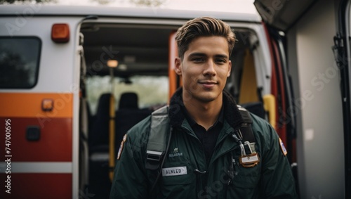Young man a paramedic standing at the rear of an ambulance by the open doors he is looking at the camera with a confident expression smiling carrying a medical trauma bag on his shoulder photo