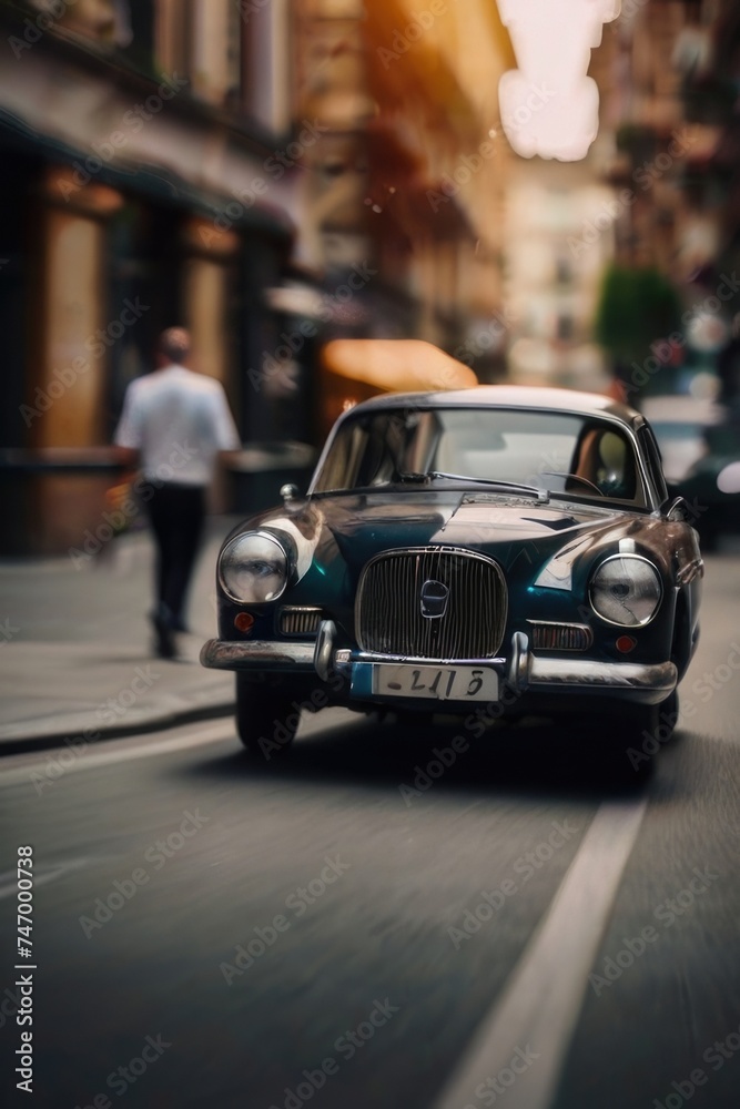 Defocused background of a classic car in the street in motion blur Defocused background of a classic car in the street in motion blur