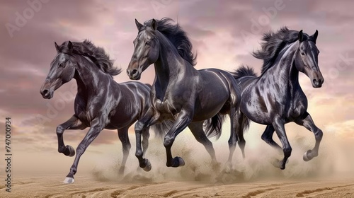 a group of three black horses running across a sandy field with a pink sky in the background and a few clouds in the sky.