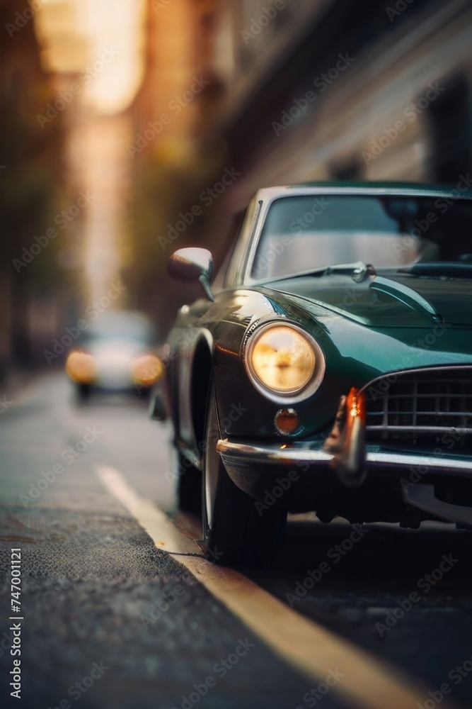 Defocused background of a classic car in the street in motion blur