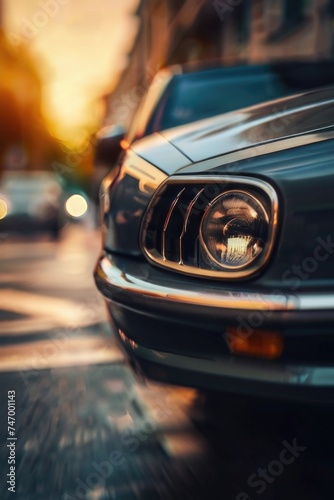 Defocused background of a classic car in the street in motion blur