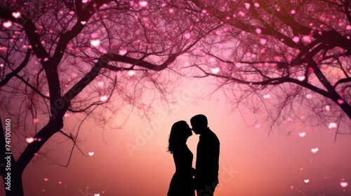 Couple's Silhouette with Romantic Pink Petals Falling