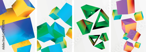 Flying 3d shapes, cubes and other geometric elements background design for wallpaper, business card, cover, poster, banner, brochure, header, website