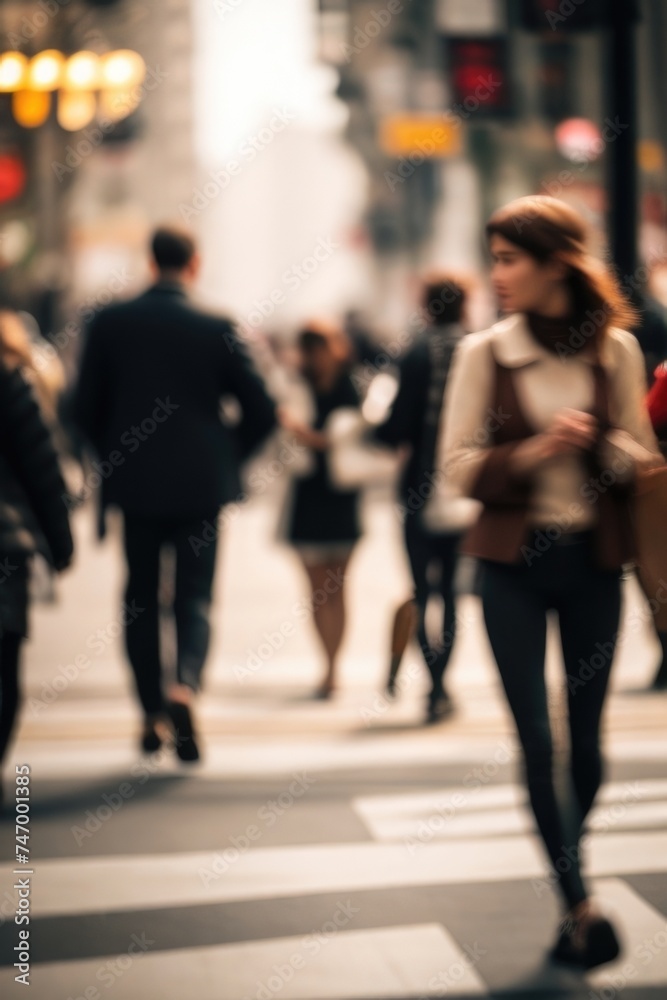 Defocused background of people walking in the street in motion blur