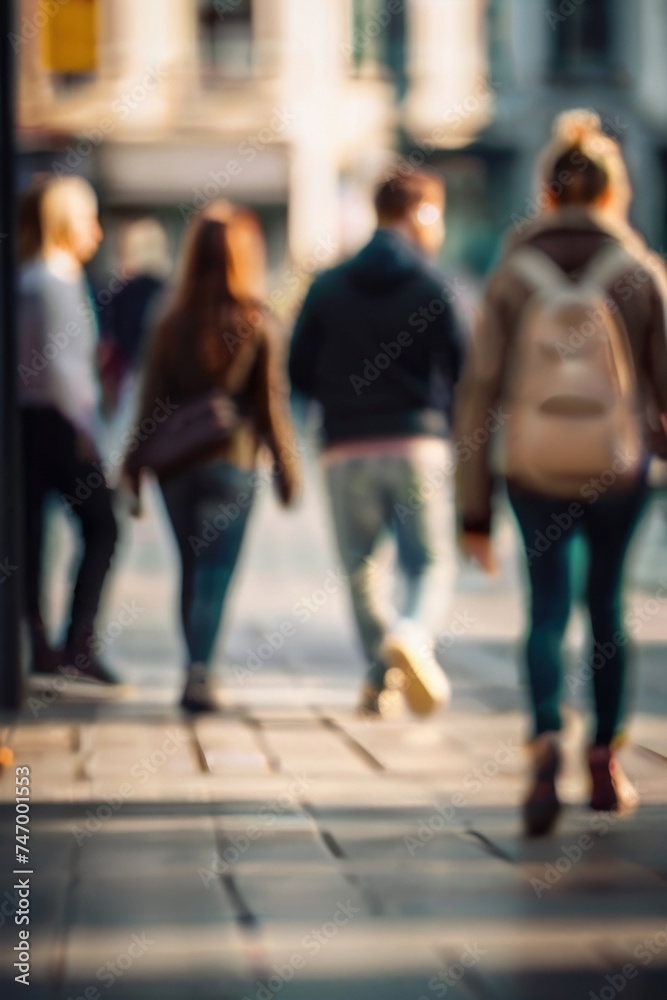 Defocused background of people walking in the street in motion blur