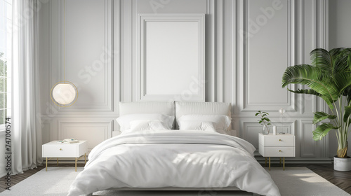 Mockup poster frame in white luxury bedroom interior. Generative AI