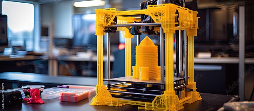Fototapeta premium A yellow 3D printer is seen sitting on top of a table. The printer is actively printing an object using yellow ABS material. The surroundings are minimalistic, focusing solely on the machine and its