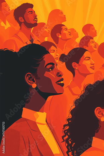 Illustration of an Afro-American woman with various other people in the background in warm orange-yellow tones