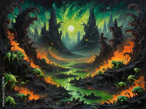 Fiery Forest Night: A vivid illustration blending nature's elements with the warmth of flames, set against a twilight sky © pla2u