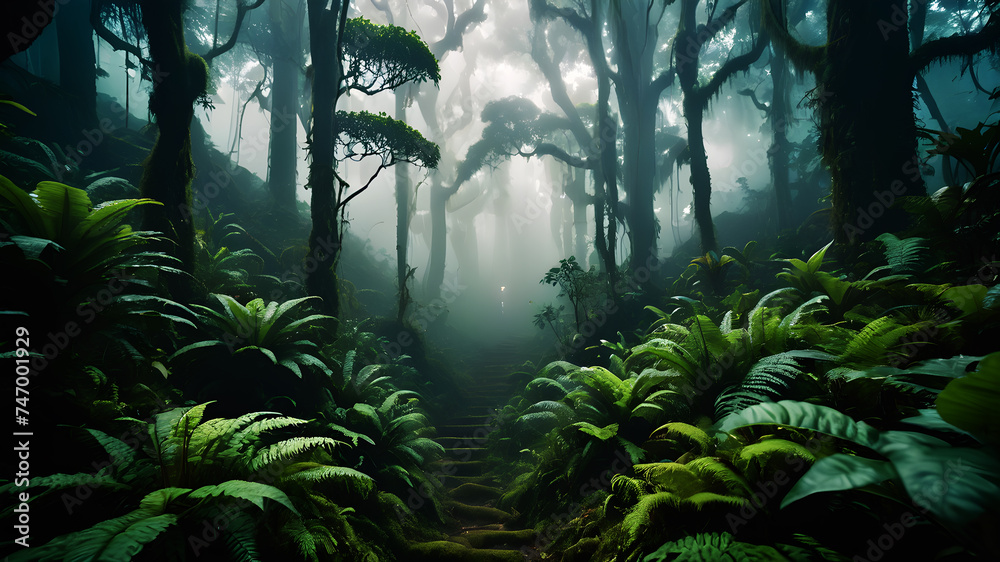 Obraz premium Transport your audience to a magical cloud forest where the treetops are shrouded in mist. Describe the ethereal atmosphere and the mystical creatures that inhabit this enchanted realm