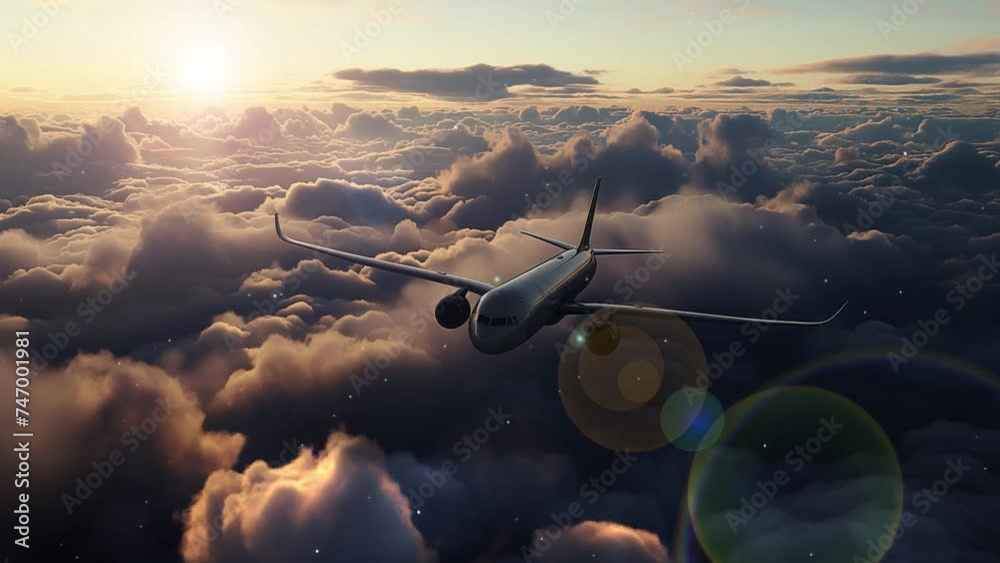sky background with an airplane. commercial airplane flying above dramatic clouds. seamless looping overlay 4k virtual video animation background
