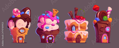 Sweet candy land houses made of cake and cookie, chocolate and lollipop, ice cream and berry. Cartoon vector illustration set of cute fantasy dessert home for candyland design. Fantastic confectionery
