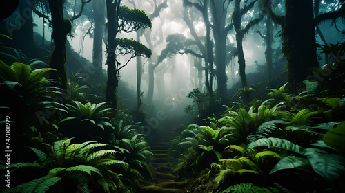Transport your audience to a magical cloud forest where the treetops are shrouded in mist. Describe the ethereal atmosphere and the mystical creatures that inhabit this enchanted realm © Farhan