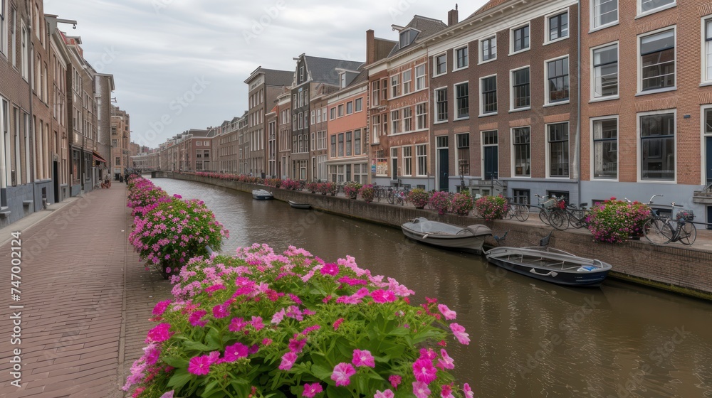 a row of buildings along a river with boats and flowers in the foreground and a row of boats on the other side of the river.
