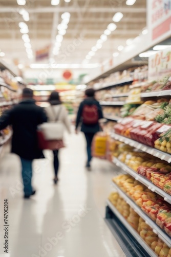 Defocused background of people walking in the supermarket store interior in motion blur