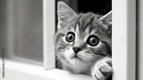 a black and white photo of a kitten peeking out of a window with its paw on the window sill.