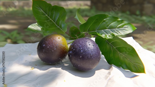 a couple of fruits sitting on top of a white cloth next to a green leaf covered tree branch on a sunny day. photo