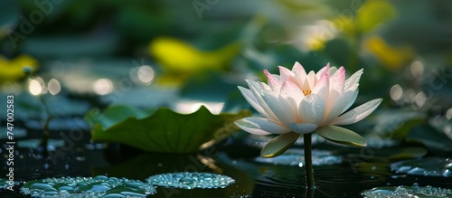 A white sacred lotus flower blossoms in the water of a pond, surrounded by lily pads, creating a beautiful natural landscape.