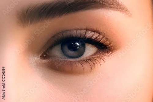 The eyes of a beautiful young girl. Close-up of a face. soft, blurred background, bokeh. Developing hair.