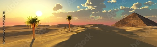 The greatest sunset in the desert of sand among the dunes with a pyramid in the background, 3D rendering