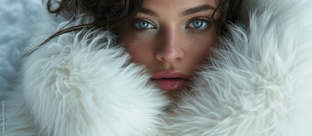 Elegance in White: Captivating Woman in a Luxurious Fur Coat with Beautiful Blue Eyes