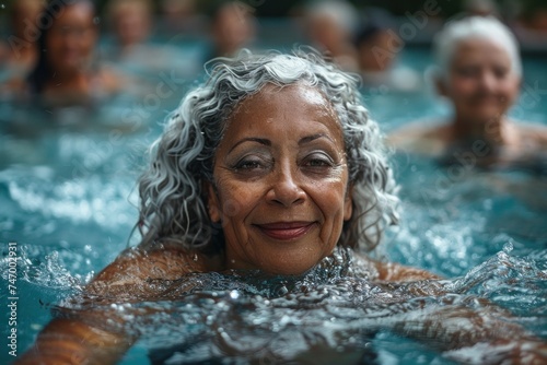 Senior woman smiling in a pool with other participants during a water aerobics class. © evgenia_lo